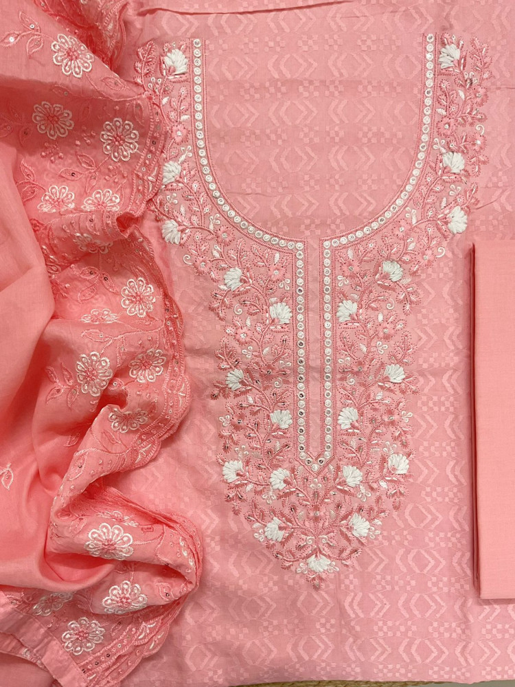 Image of Pure Cotton Embroidered Suit - Peach