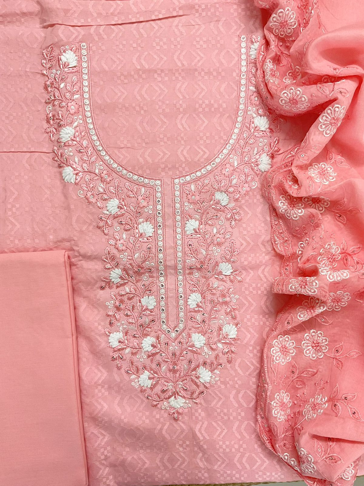 Pure Cotton Embroidered Suit - Peach