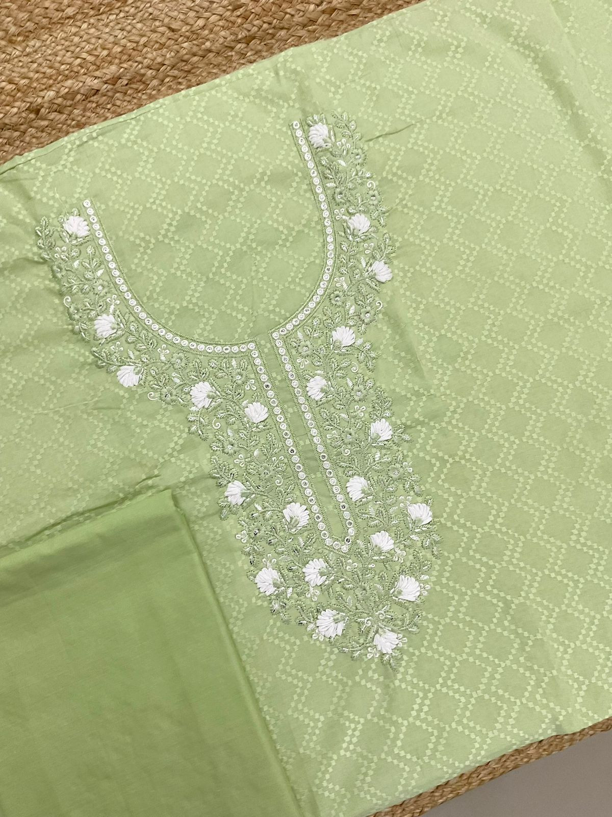 Pure Cotton Embroidered Suit - Green