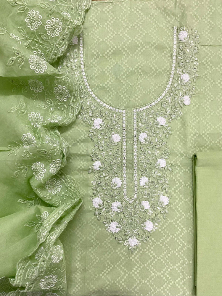 Image of Pure Cotton Embroidered Suit - Green