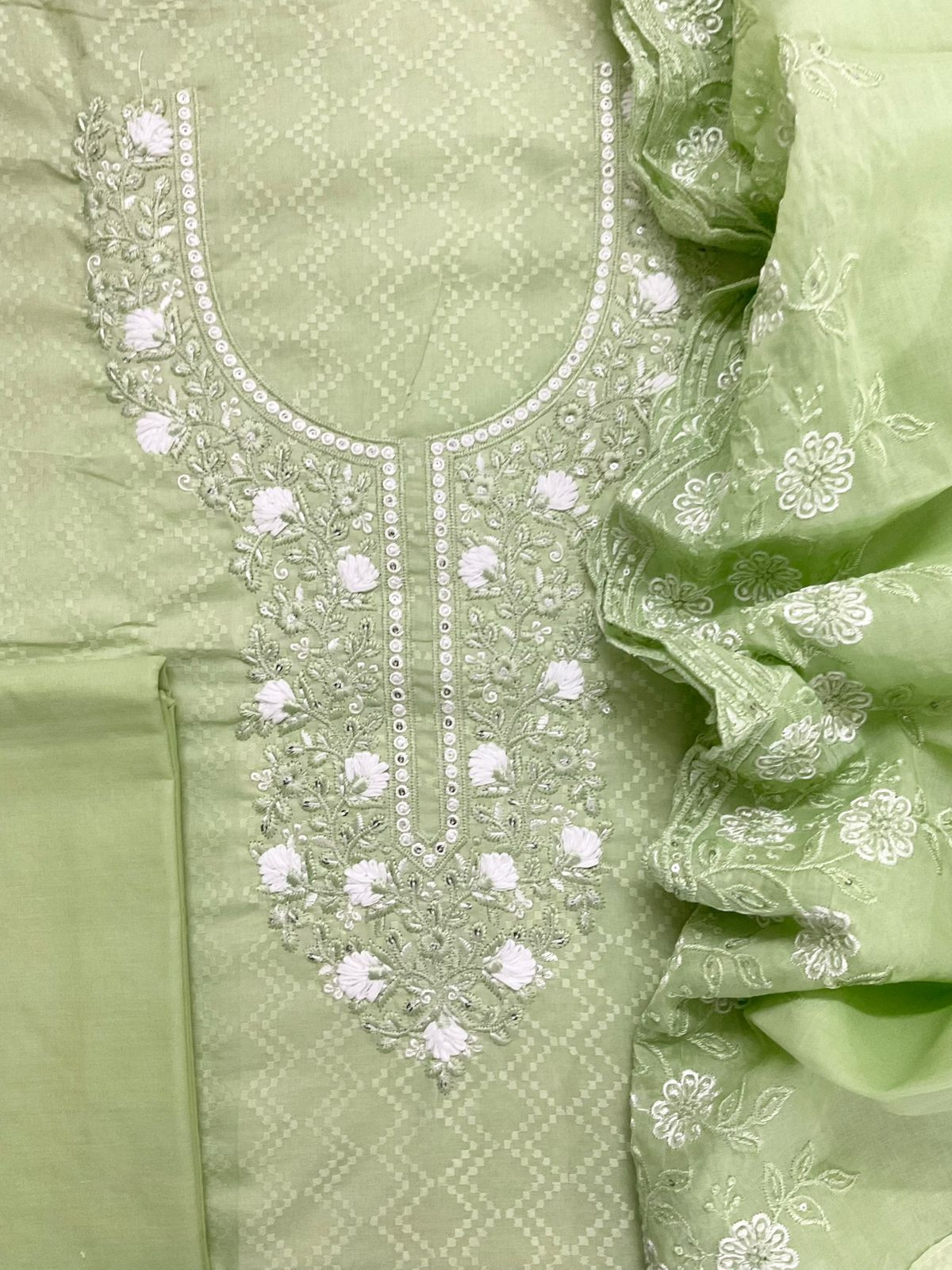 Pure Cotton Embroidered Suit - Green
