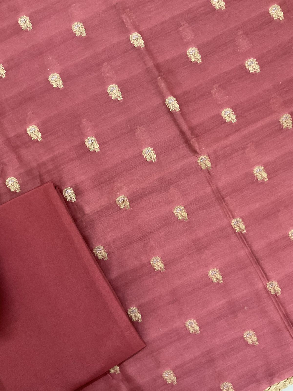Pure Mul Chanderi Banarasi Weaved Embroidered Suit - Rustic Peach