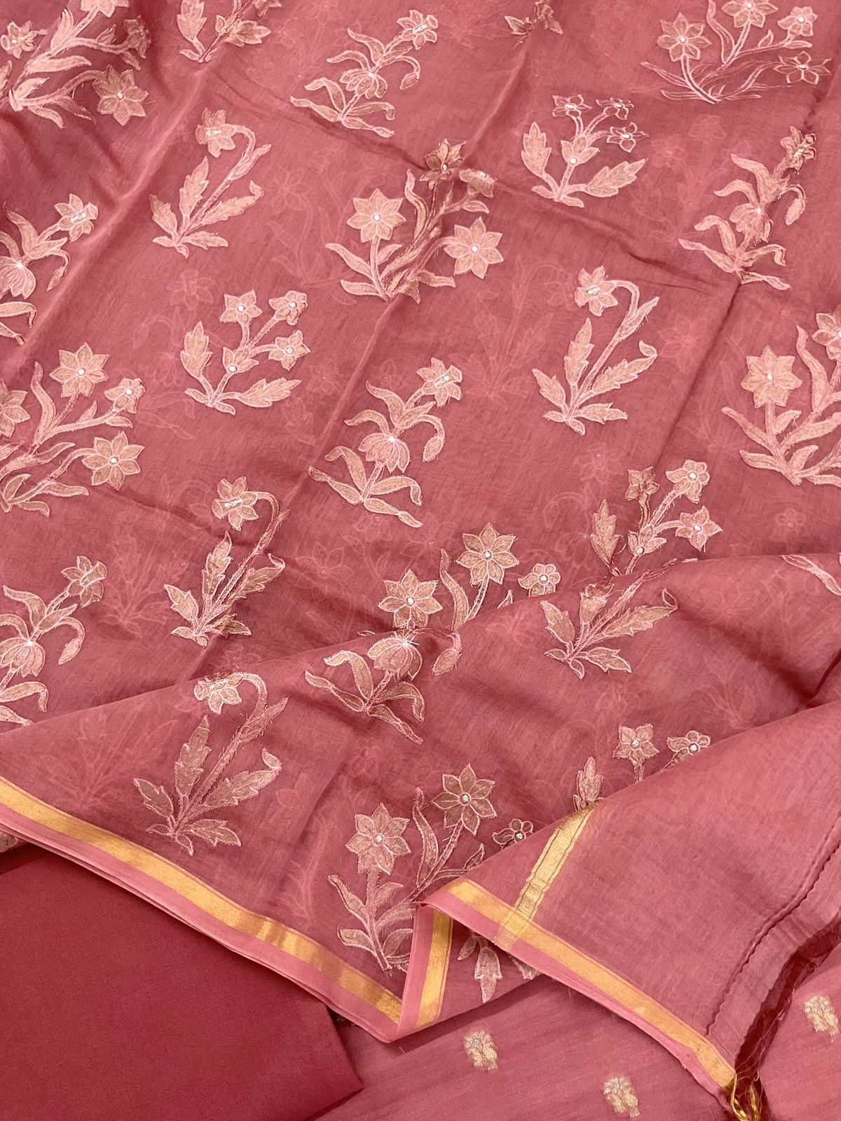 Pure Mul Chanderi Banarasi Weaved Embroidered Suit - Rustic Peach