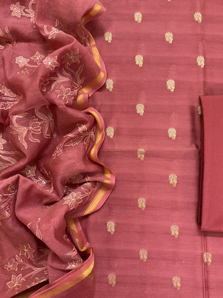 Image of Pure Mul Chanderi Banarasi Weaved Embroidered Suit - Rustic Peach