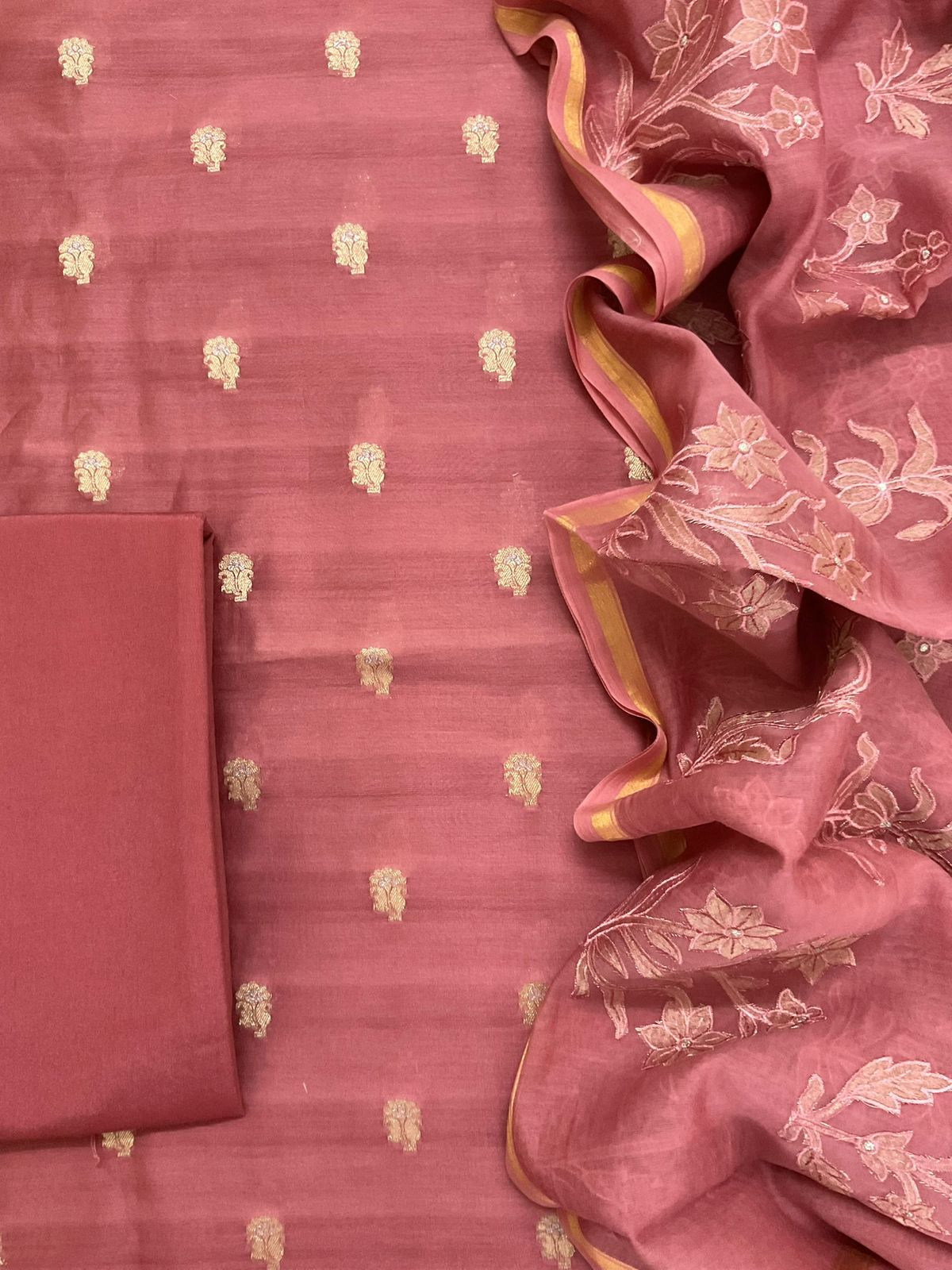 Pure Mul Chanderi Banarasi Weaved Embroidered Suit - Rustic Peach