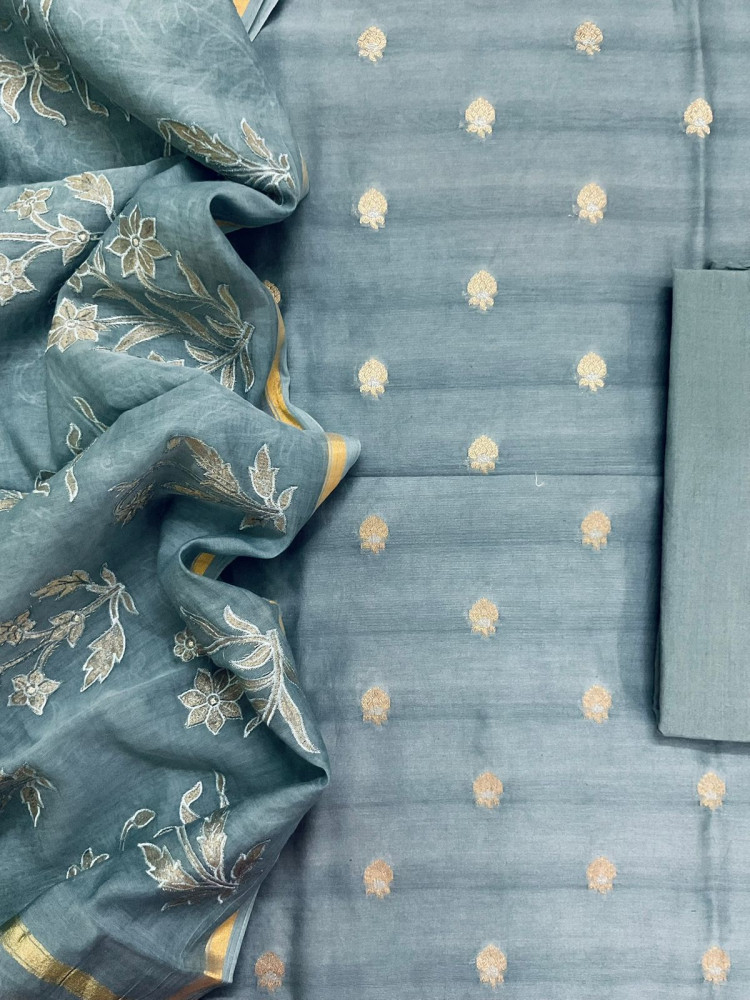 Image of Pure Mul Chanderi Banarasi Weaved Embroidered Suit - Grey