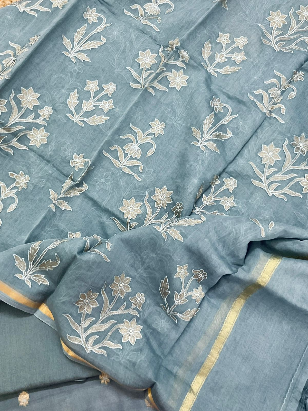 Pure Mul Chanderi Banarasi Weaved Embroidered Suit - Grey