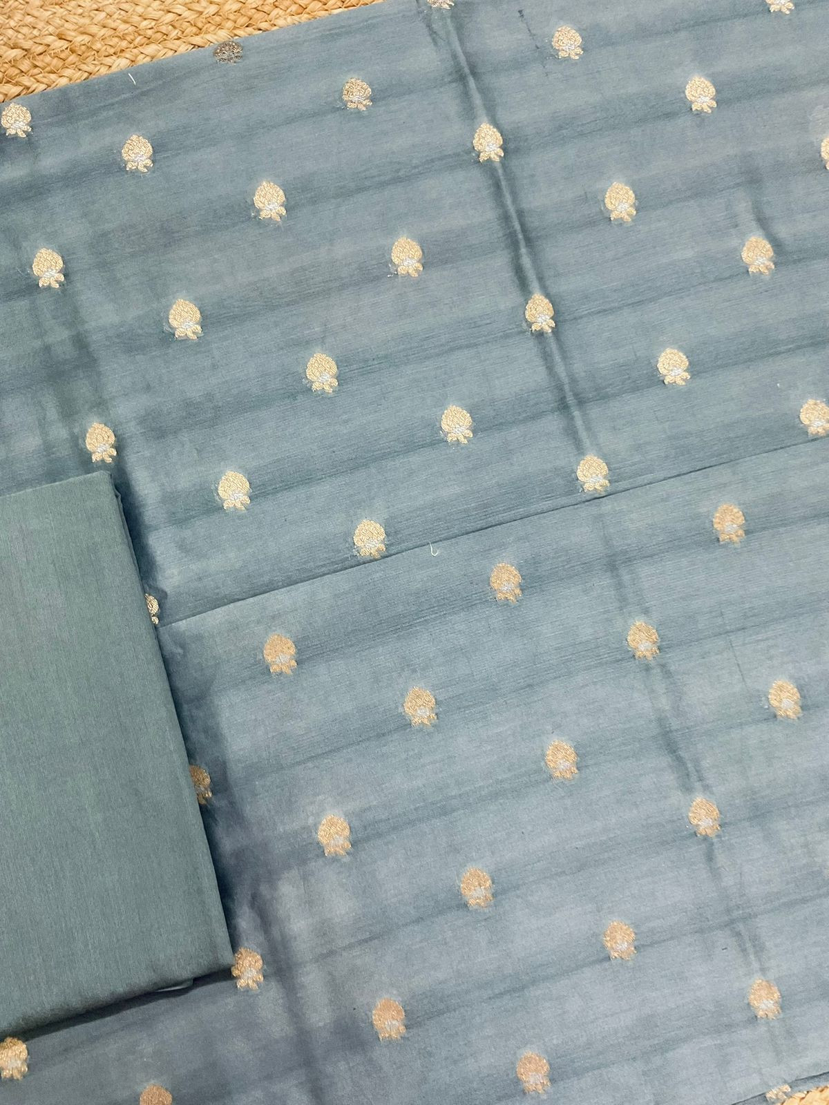 Pure Mul Chanderi Banarasi Weaved Embroidered Suit - Grey