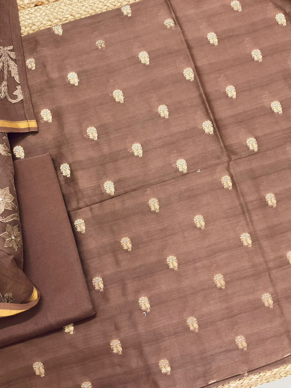 Pure Mul Chanderi Banarasi Weaved Embroidered Suit - Brown