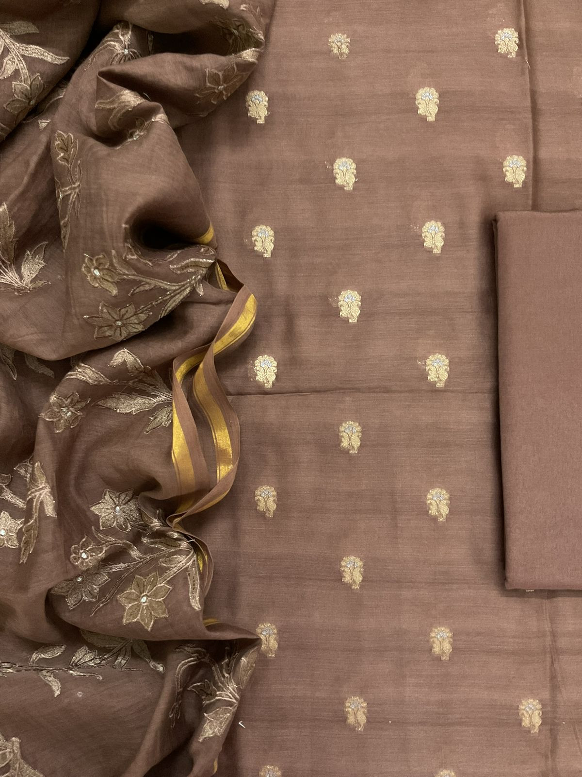 Pure Mul Chanderi Banarasi Weaved Embroidered Suit - Brown