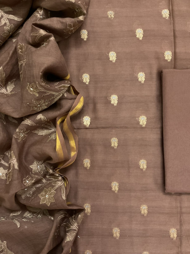 Image of Pure Mul Chanderi Banarasi Weaved Embroidered Suit - Brown