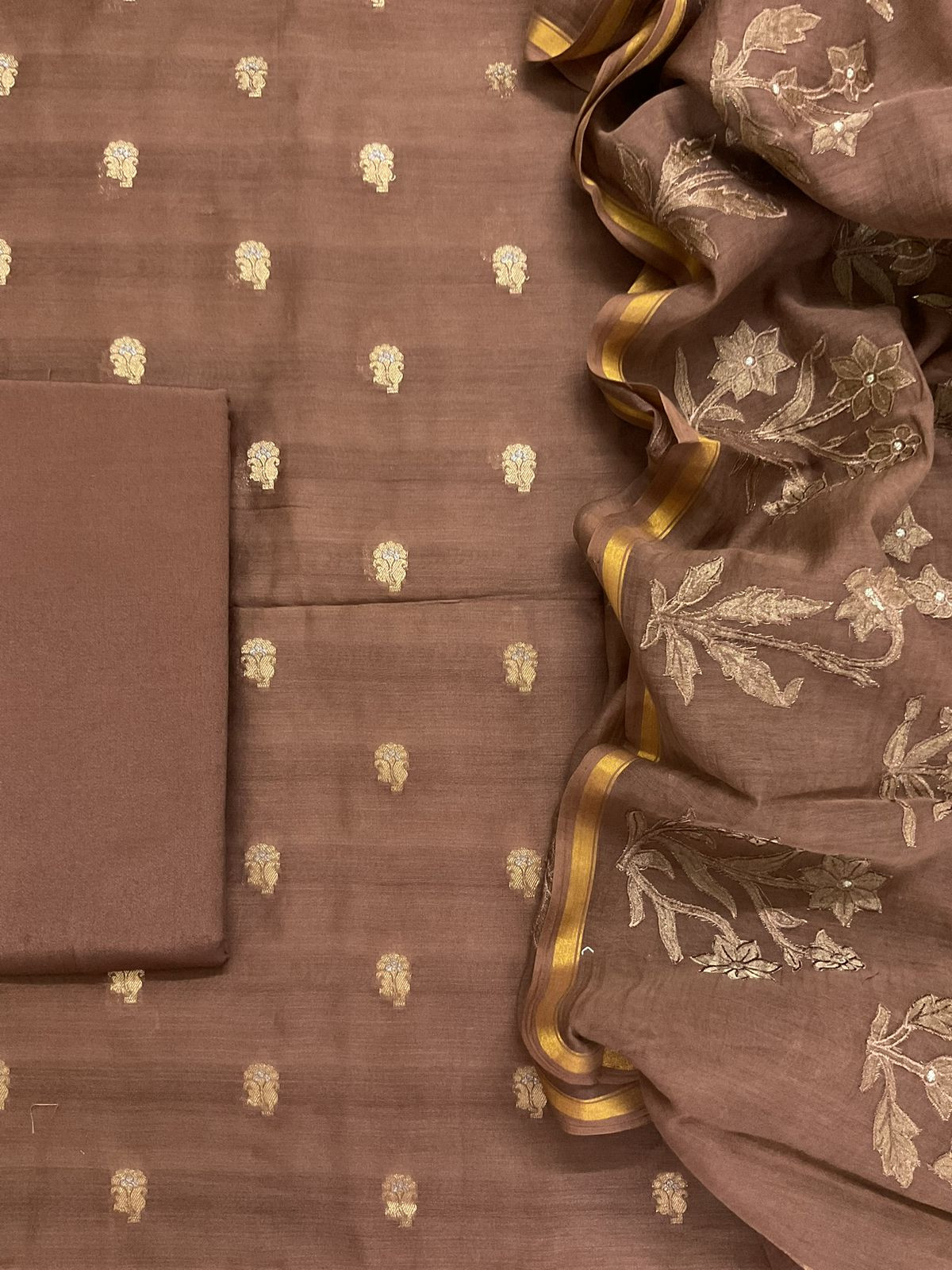 Pure Mul Chanderi Banarasi Weaved Embroidered Suit - Brown
