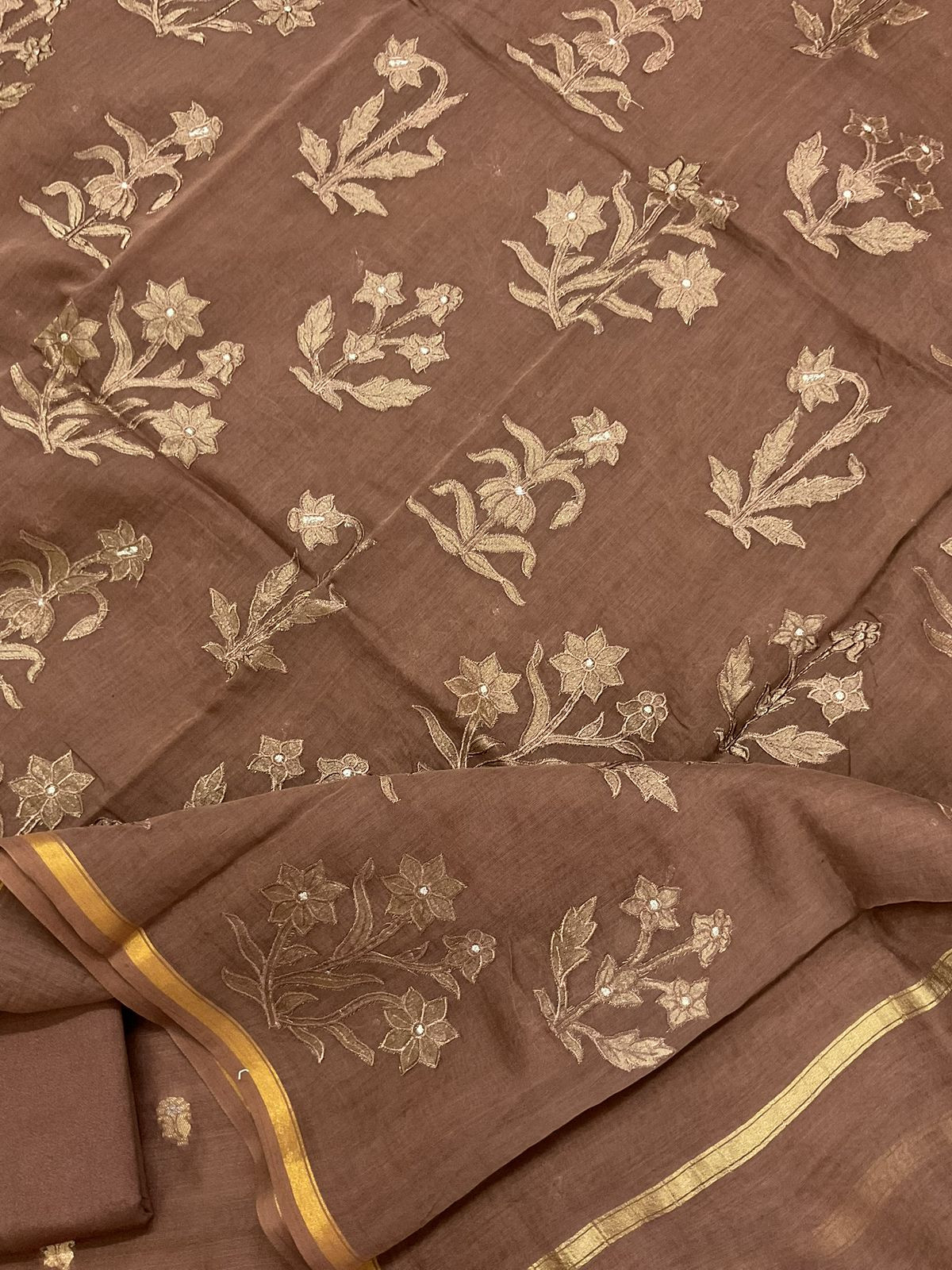 Pure Mul Chanderi Banarasi Weaved Embroidered Suit - Brown