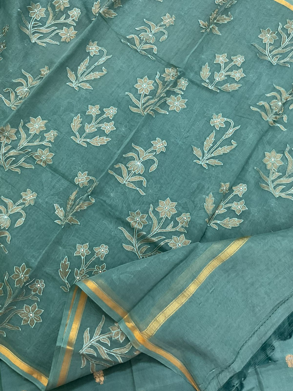 Pure Mul Chanderi Banarasi Weaved Embroidered Suit - Green