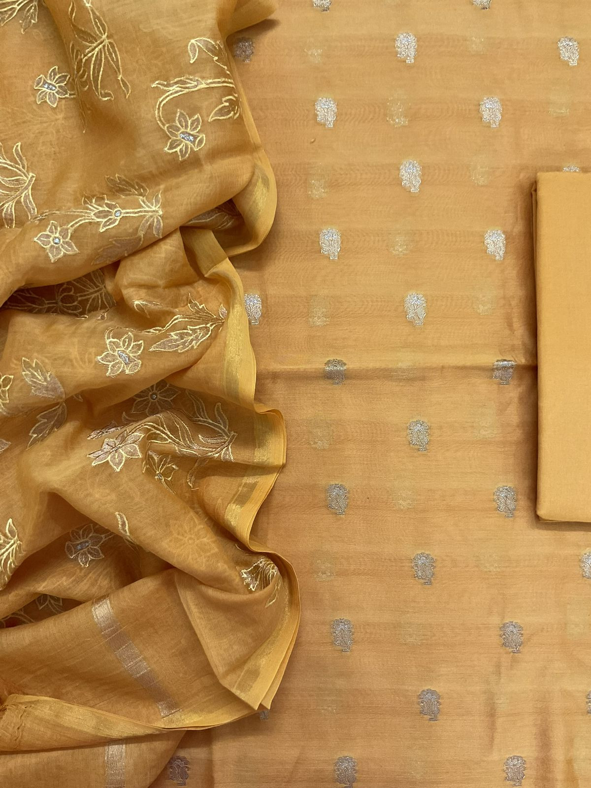 Pure Mul Chanderi Banarasi Weaved Embroidered Suit - Yellow