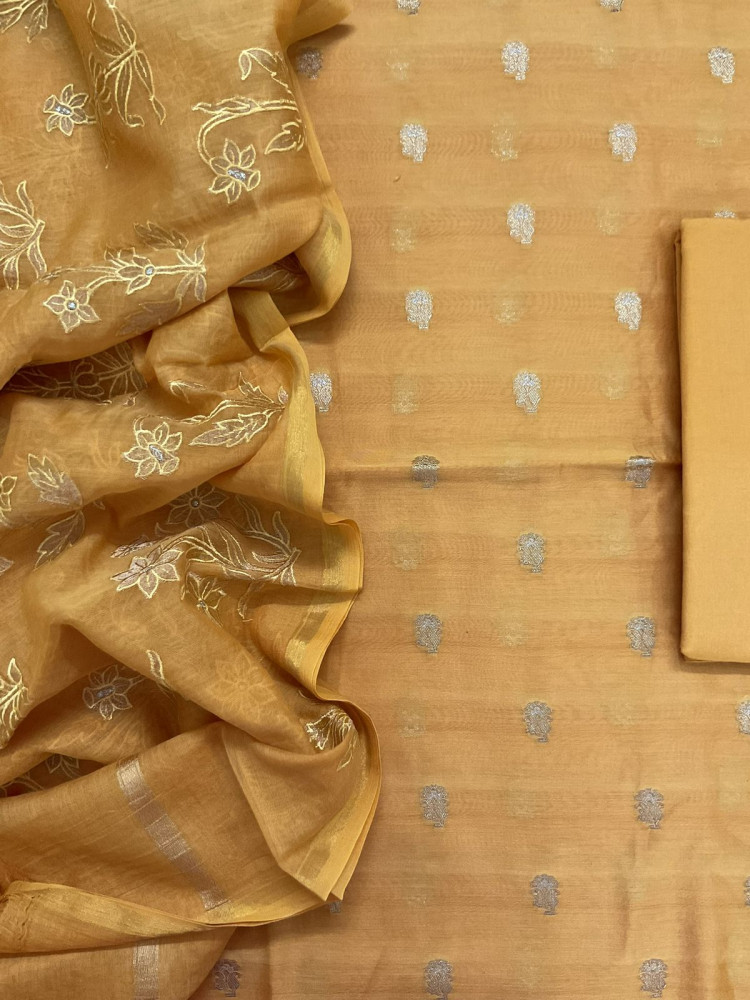 Image of Pure Mul Chanderi Banarasi Weaved Embroidered Suit - Yellow