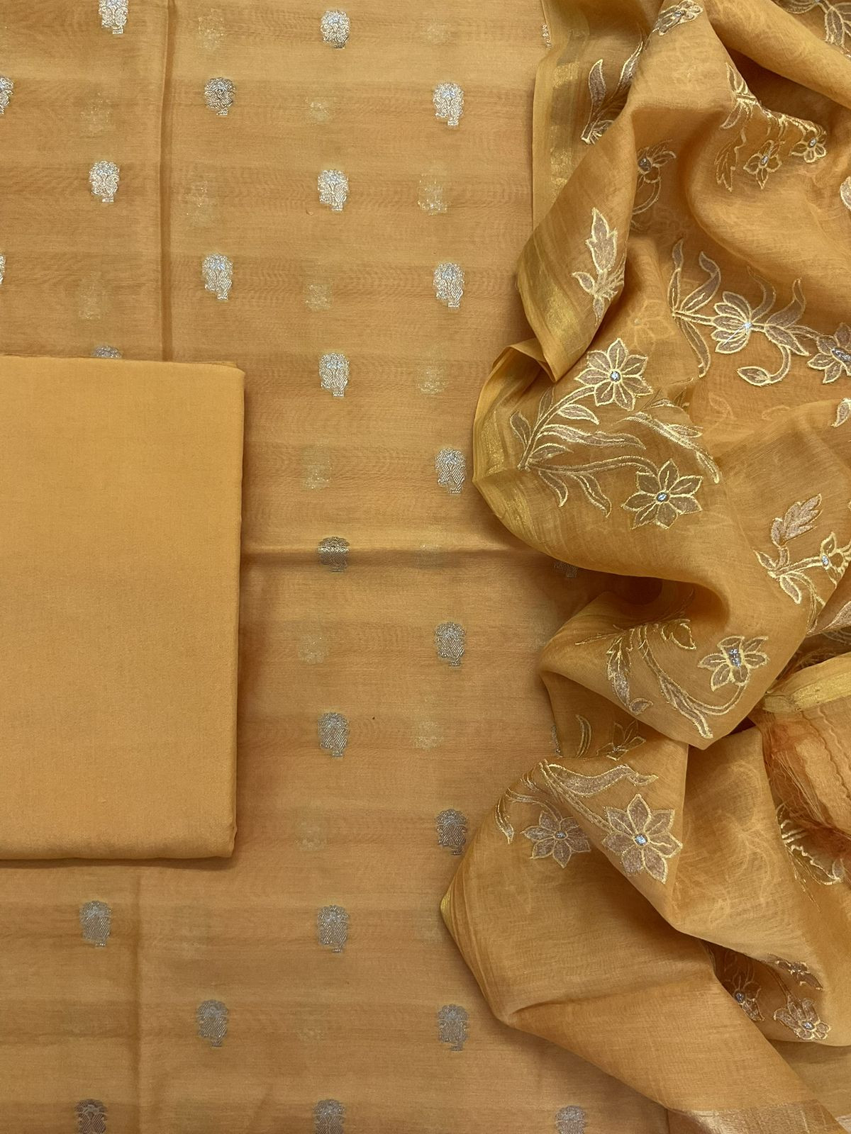 Pure Mul Chanderi Banarasi Weaved Embroidered Suit - Yellow