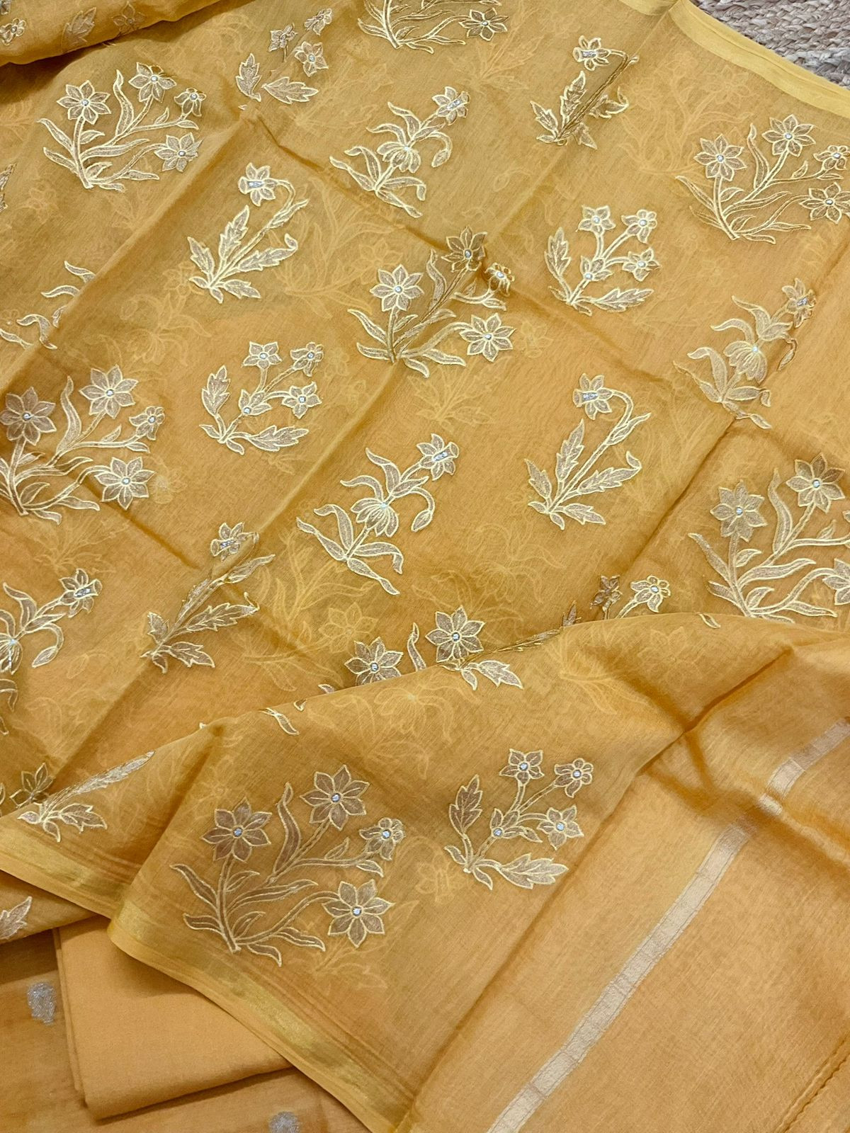 Pure Mul Chanderi Banarasi Weaved Embroidered Suit - Yellow