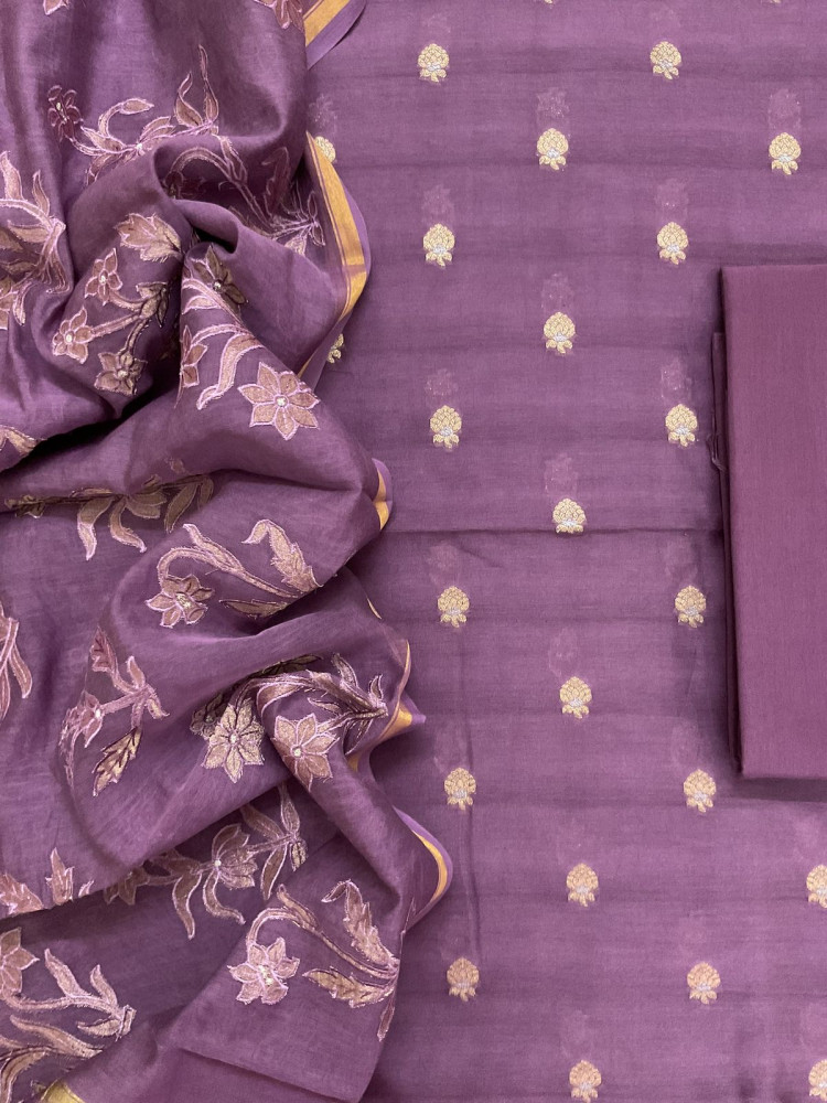 Image of Pure Mul Chanderi Banarasi Weaved Embroidered Suit - Wine