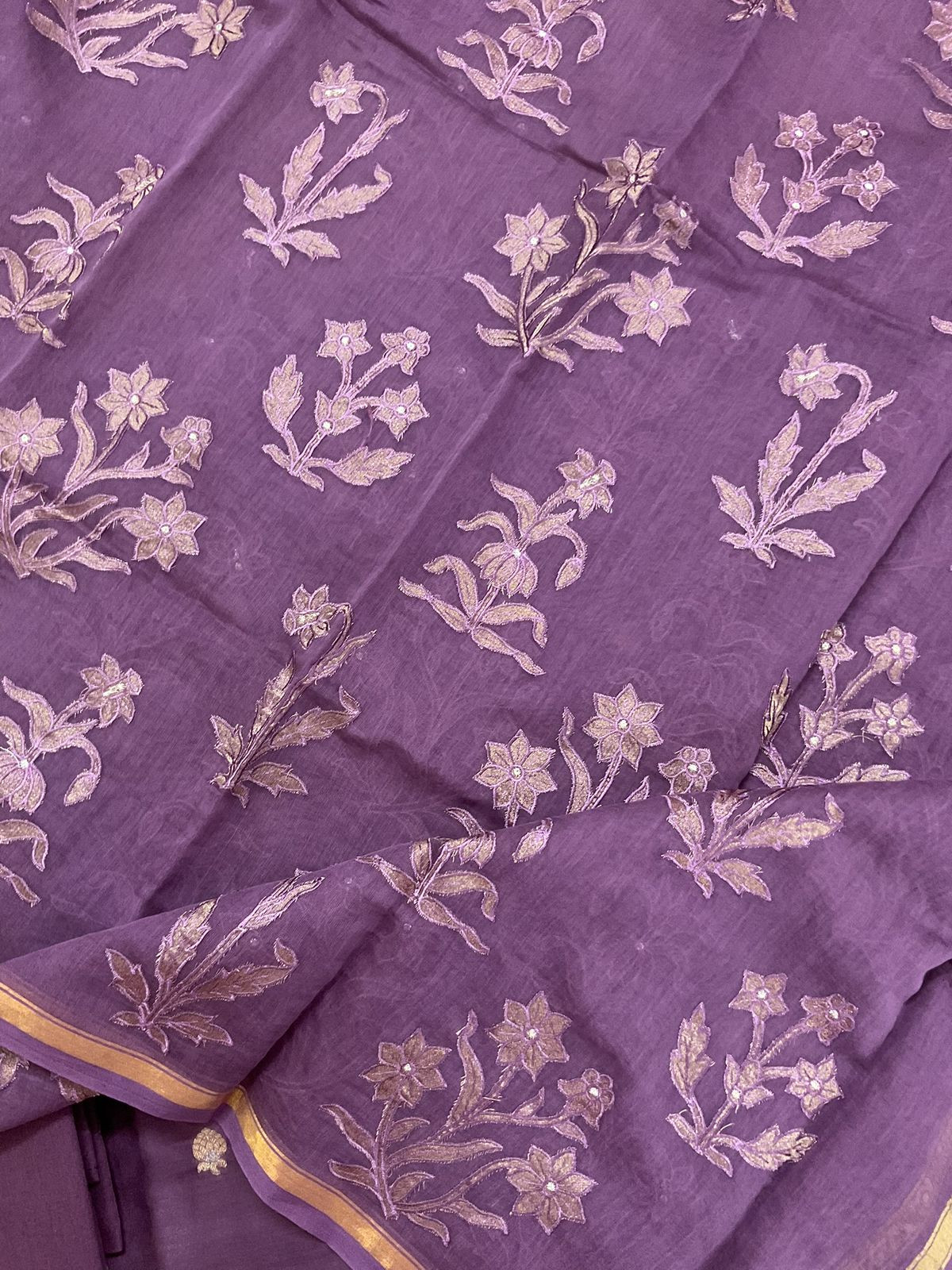 Pure Mul Chanderi Banarasi Weaved Embroidered Suit - Wine