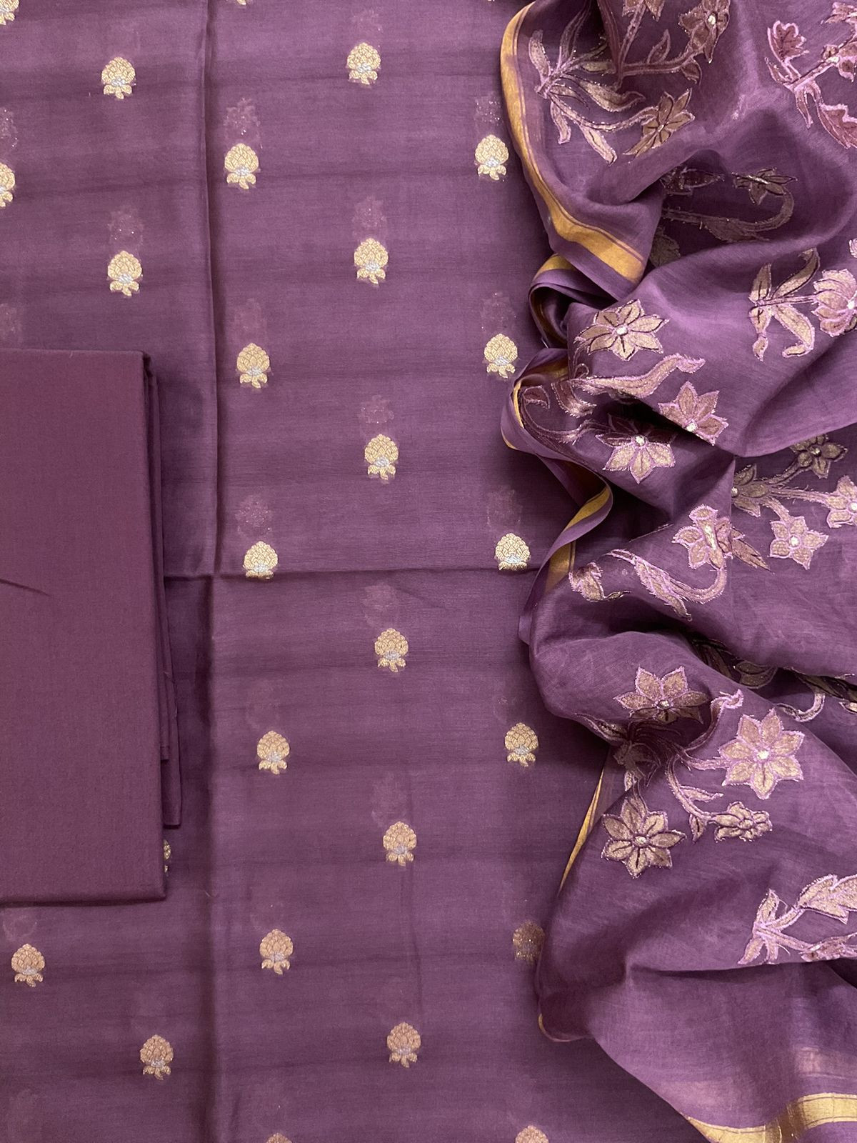 Pure Mul Chanderi Banarasi Weaved Embroidered Suit - Wine