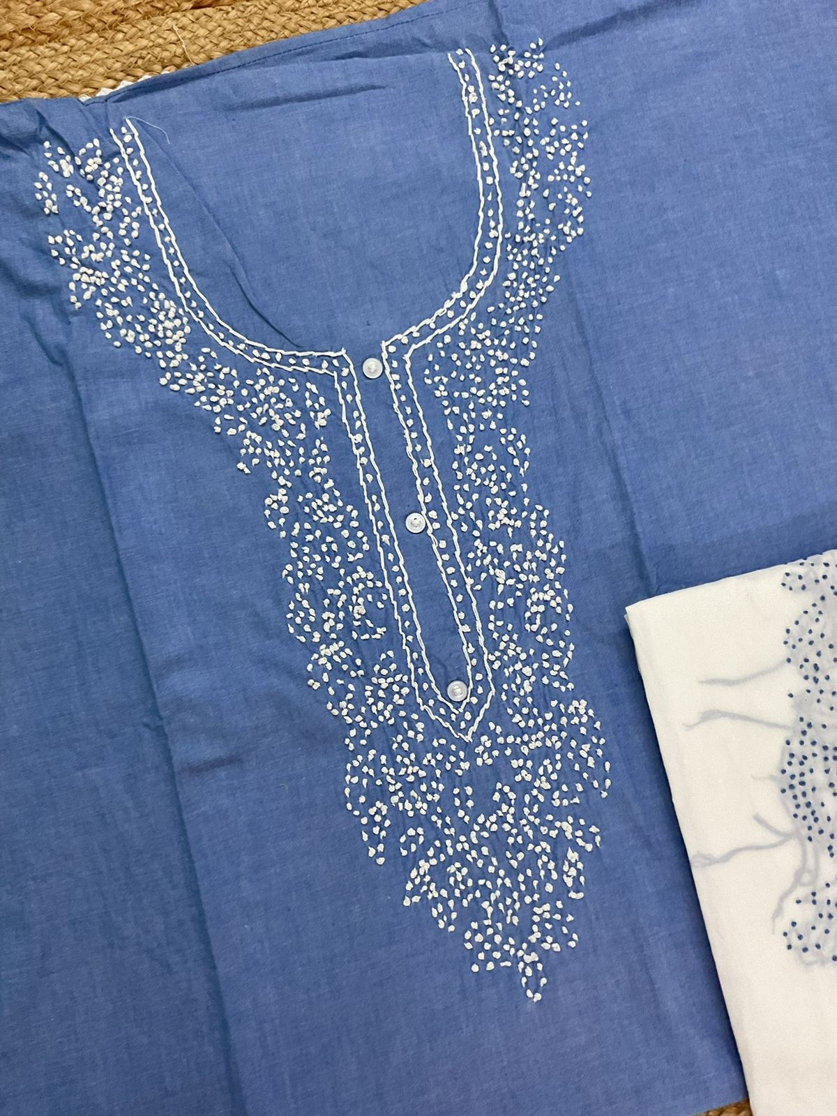 Pure Cotton Embroidered Suit - Blue