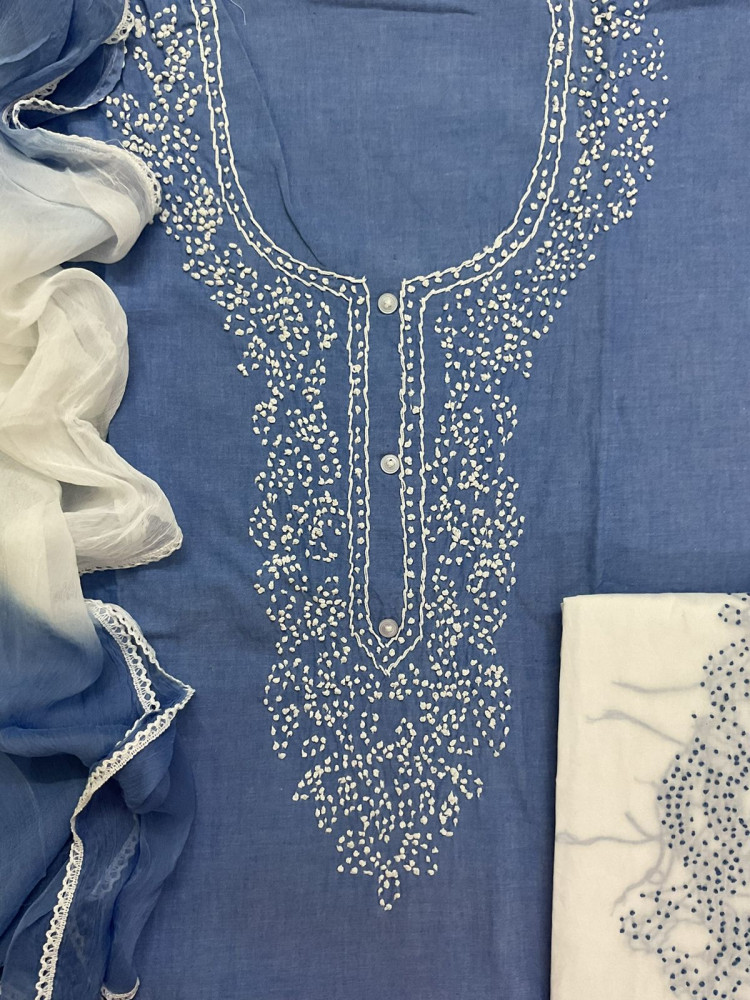 Image of Pure Cotton Embroidered Suit - Blue