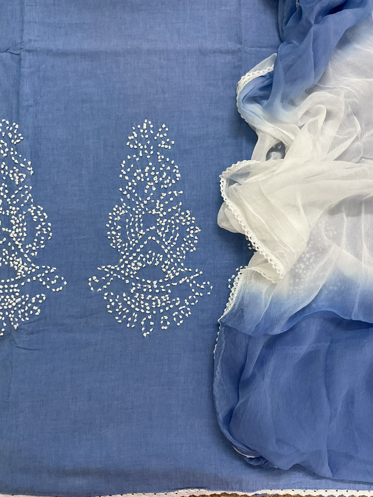 Pure Cotton Embroidered Suit - Blue