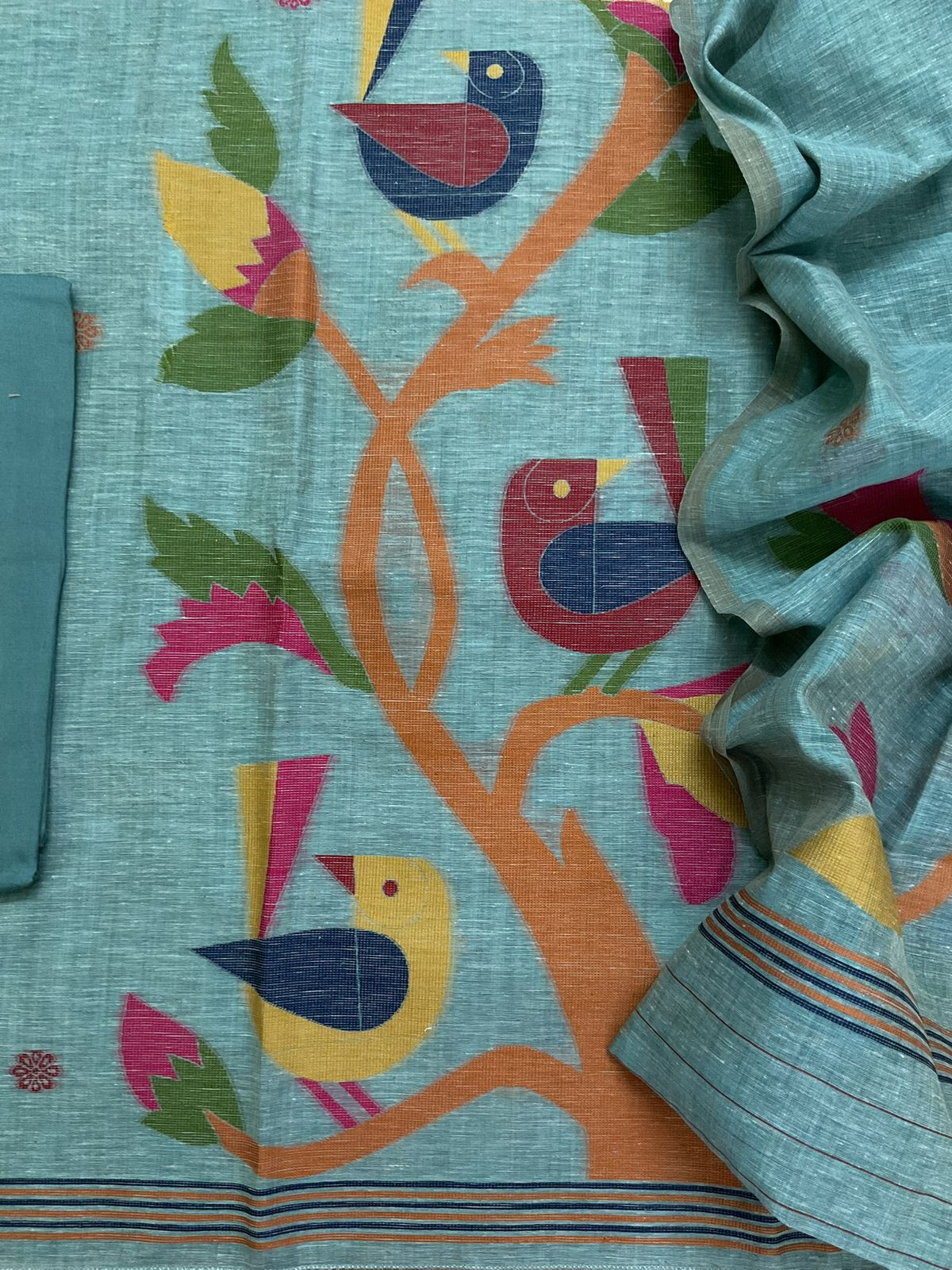 Soft Slub Chanderi Jamdani Weaved Suit - Blue