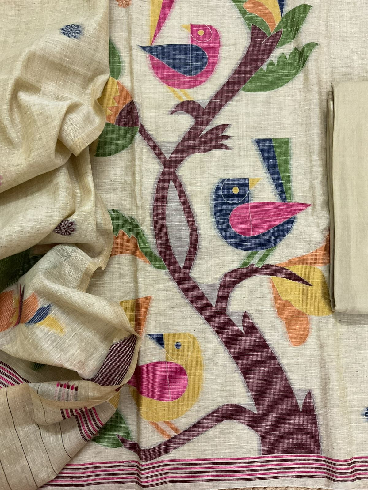 Soft Slub Chanderi Jamdani Weaved Suit - Beige