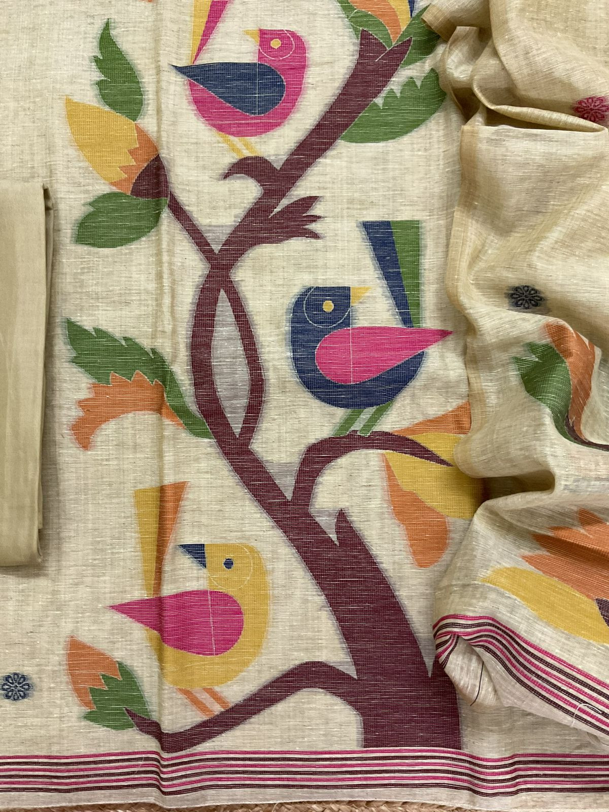 Soft Slub Chanderi Jamdani Weaved Suit - Beige