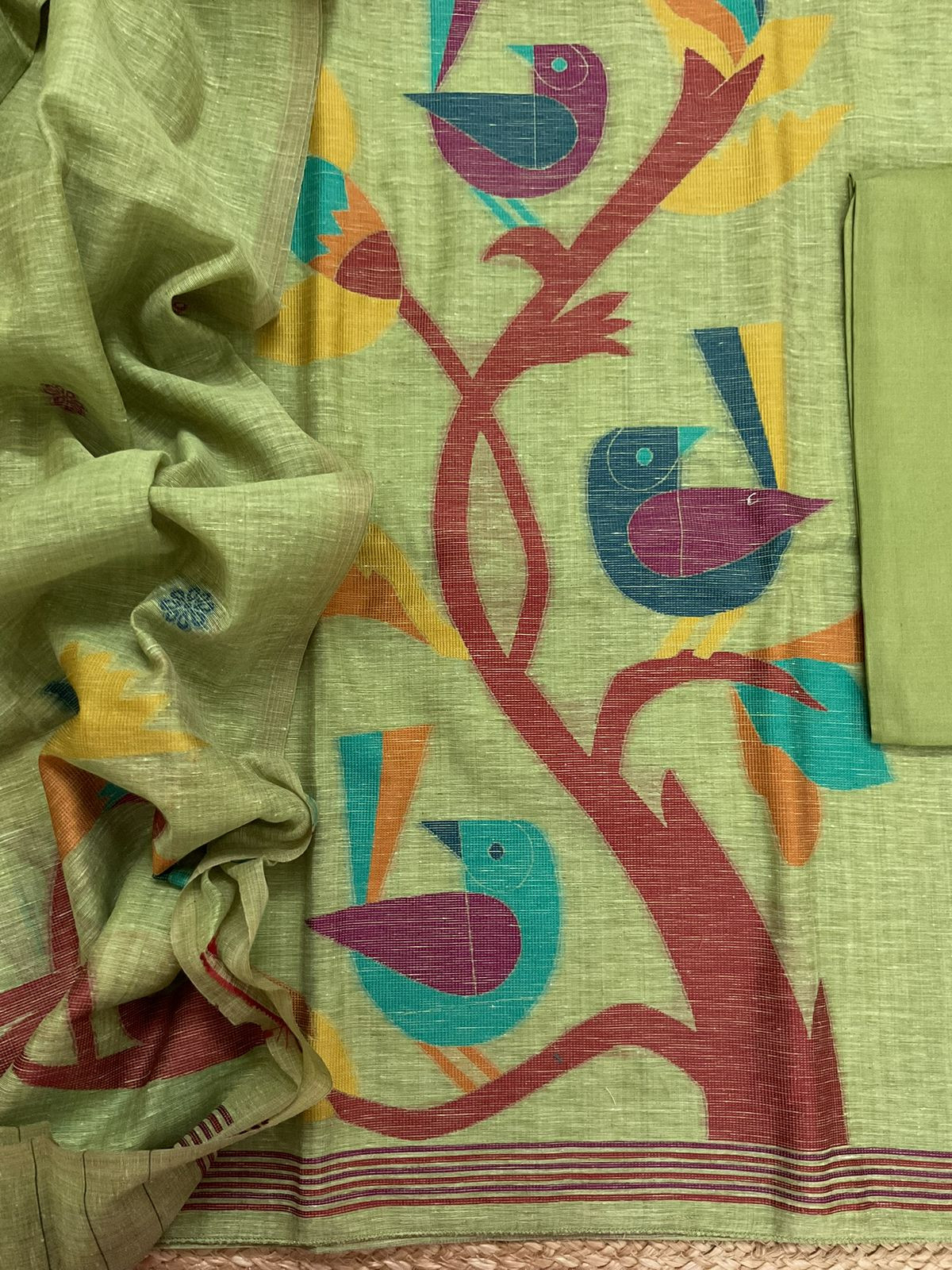 Soft Slub Chanderi Jamdani Weaved Suit - Green