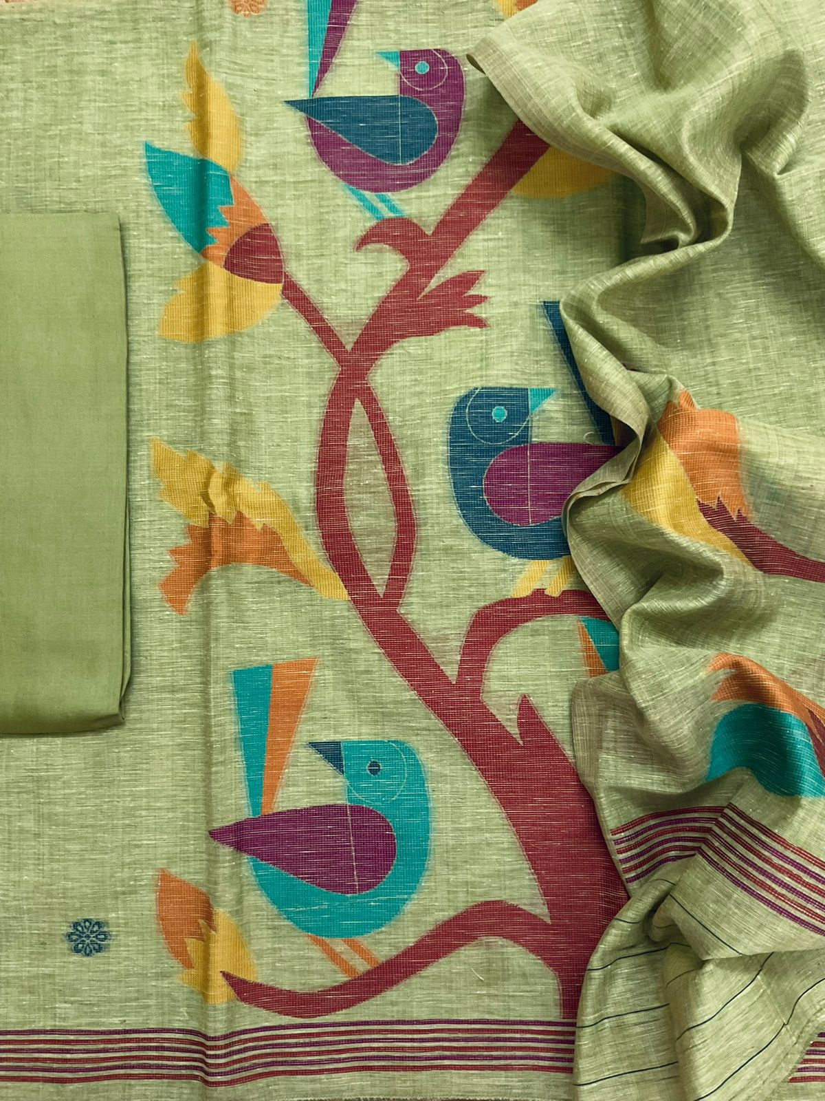 Soft Slub Chanderi Jamdani Weaved Suit - Green