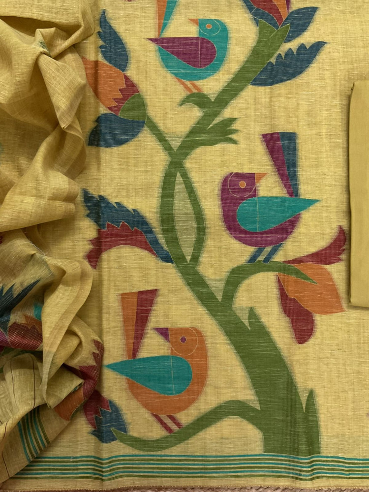 Image of Soft Slub Chanderi Jamdani Weaved Suit - Yellow