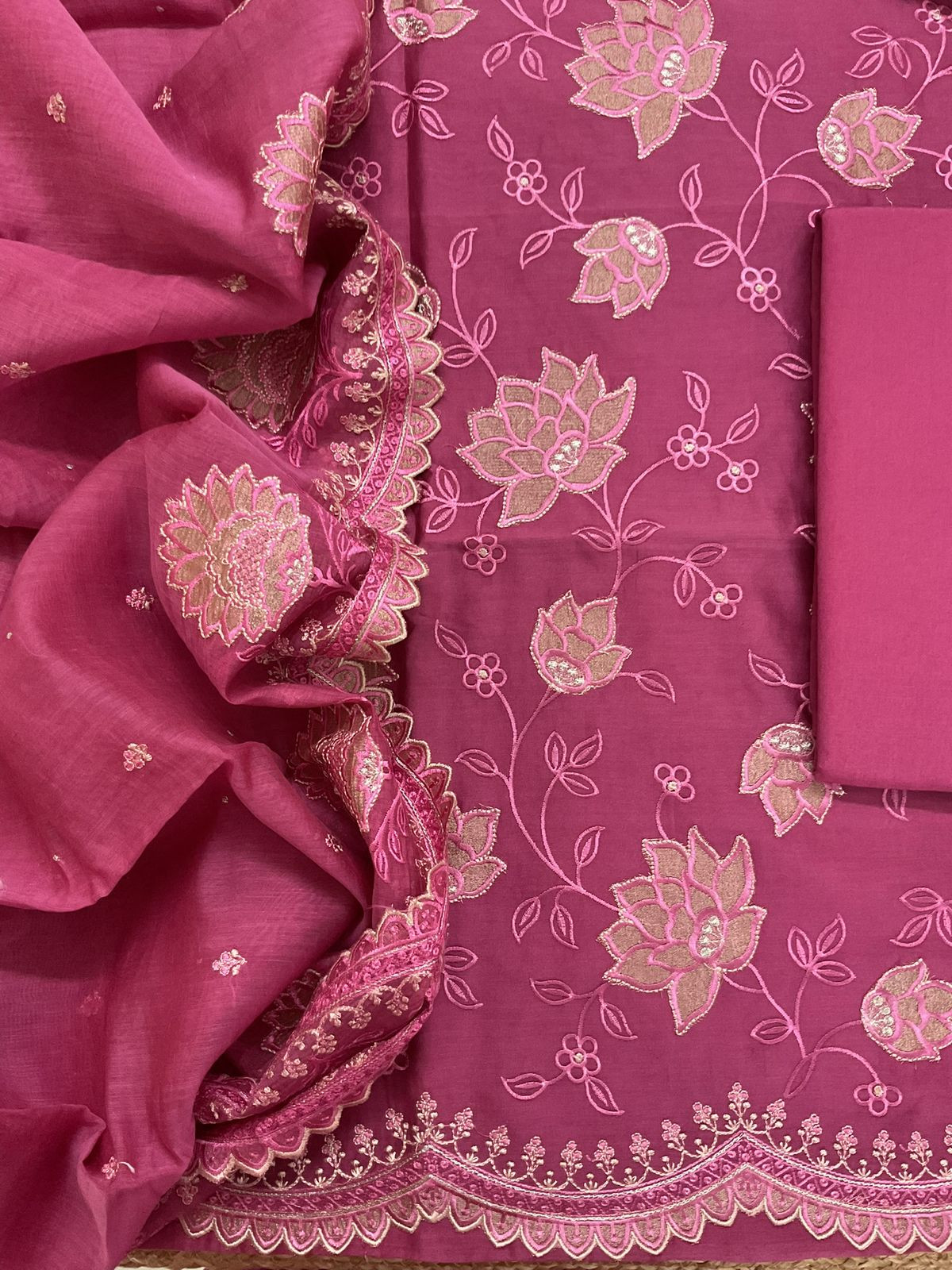 Pure Mul Chanderi Embroidered Suit - Pink