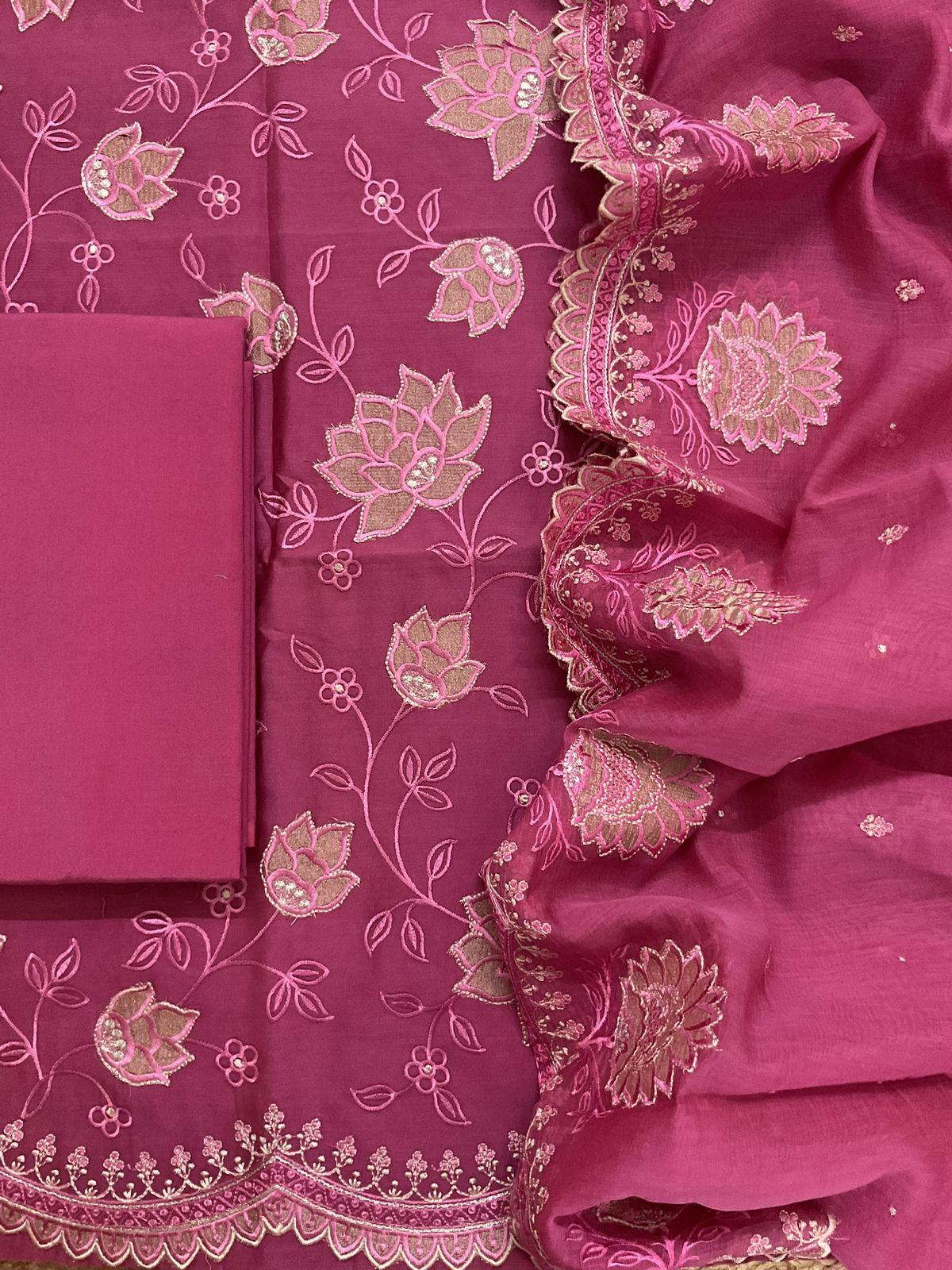 Pure Mul Chanderi Embroidered Suit - Pink