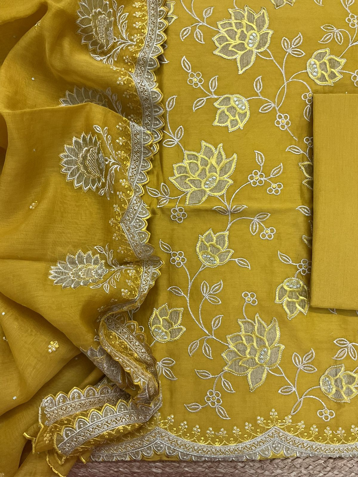 Pure Mul Chanderi Embroidered Suit - Yellow