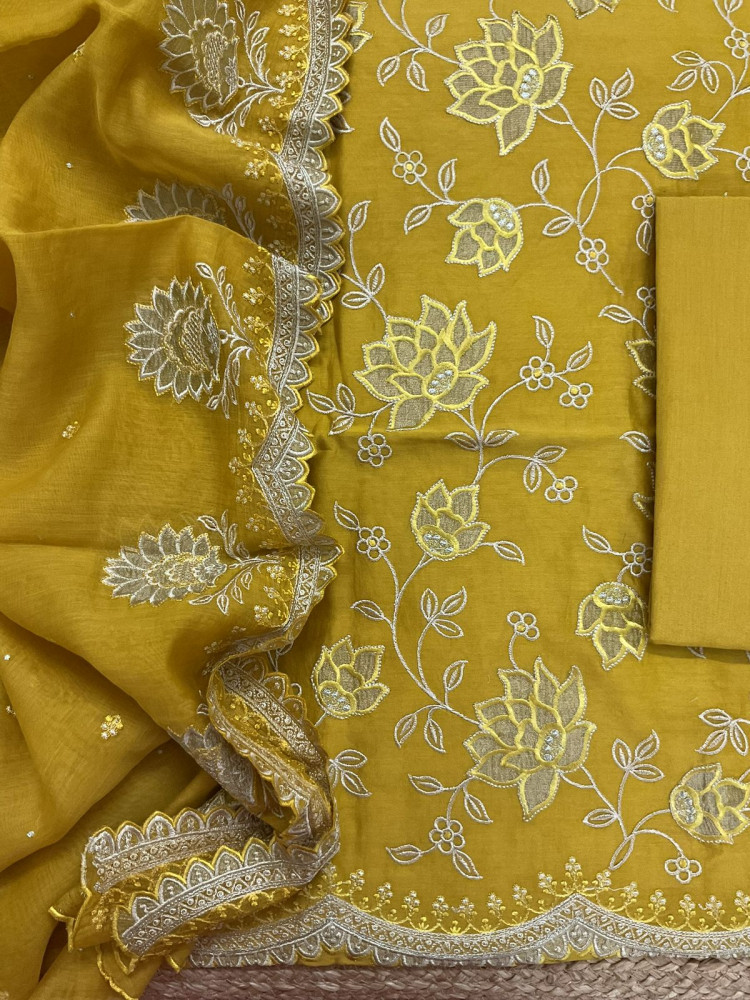 Image of Pure Mul Chanderi Embroidered Suit - Yellow
