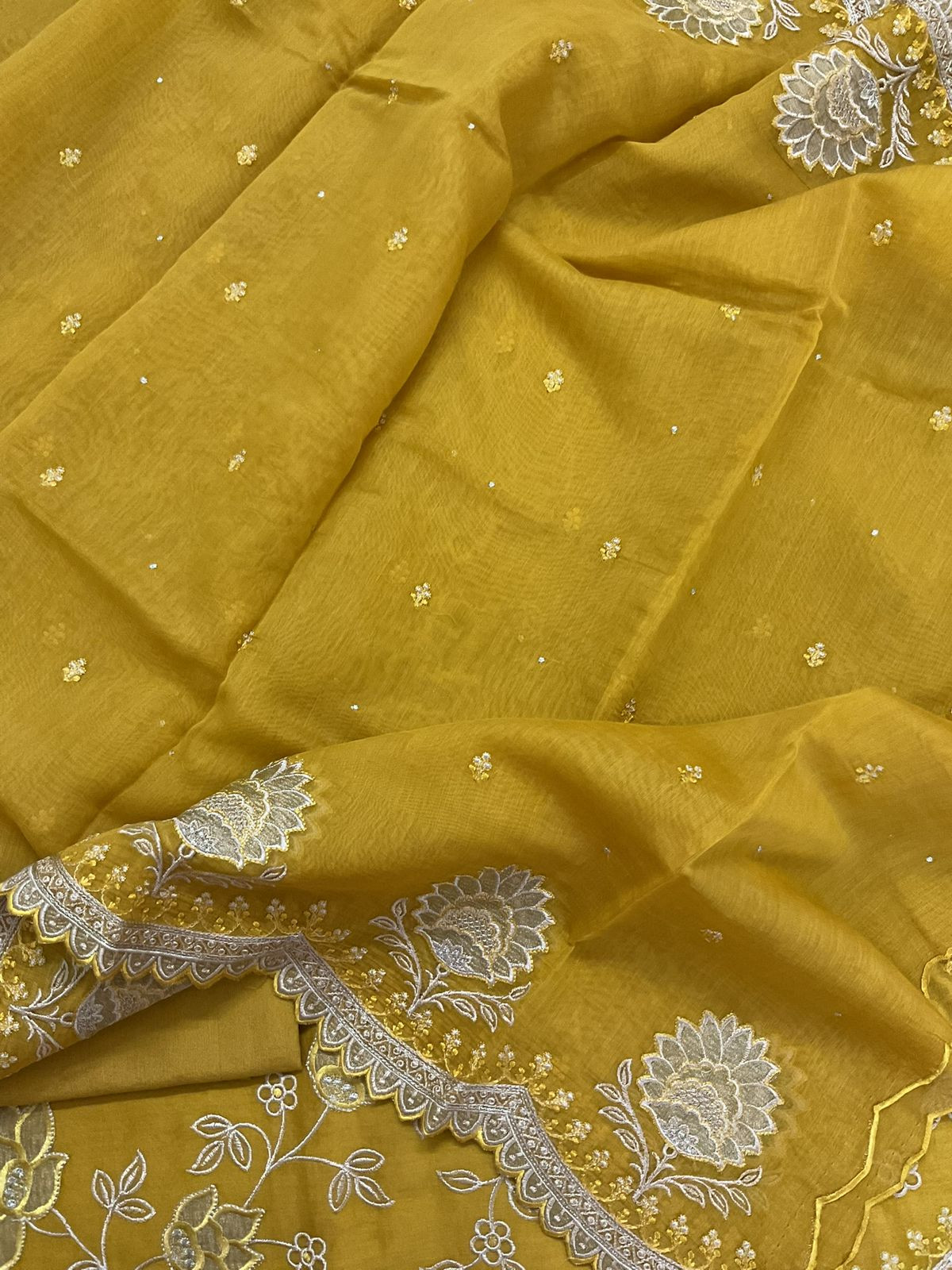 Pure Mul Chanderi Embroidered Suit - Yellow