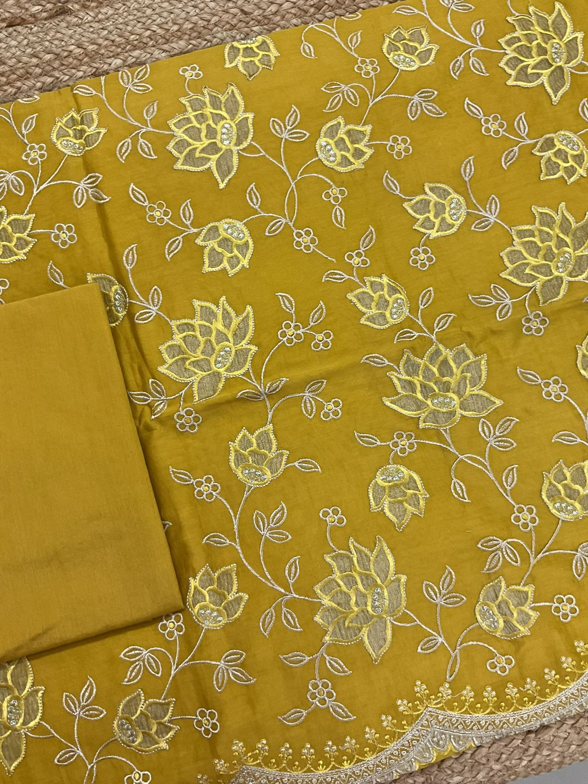 Pure Mul Chanderi Embroidered Suit - Yellow