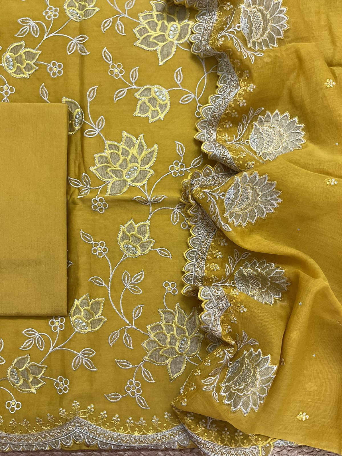Pure Mul Chanderi Embroidered Suit - Yellow