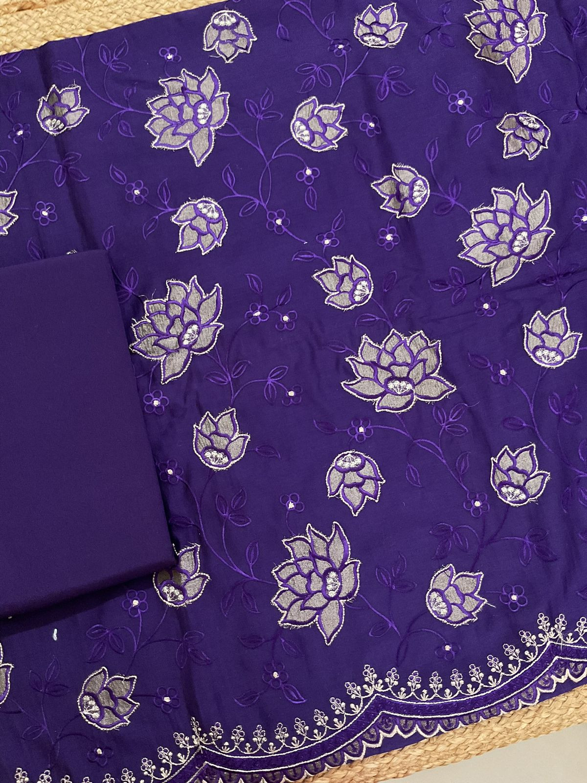 Pure Mul Chanderi Embroidered Suit - Violet