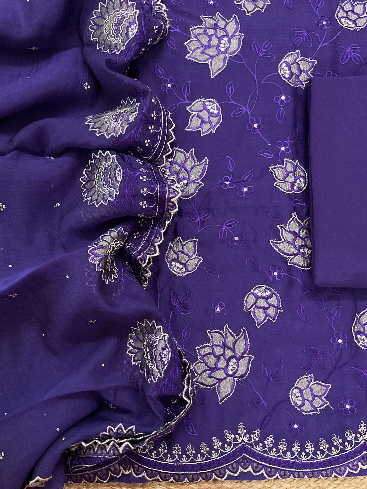 Pure Mul Chanderi Embroidered Suit - Violet