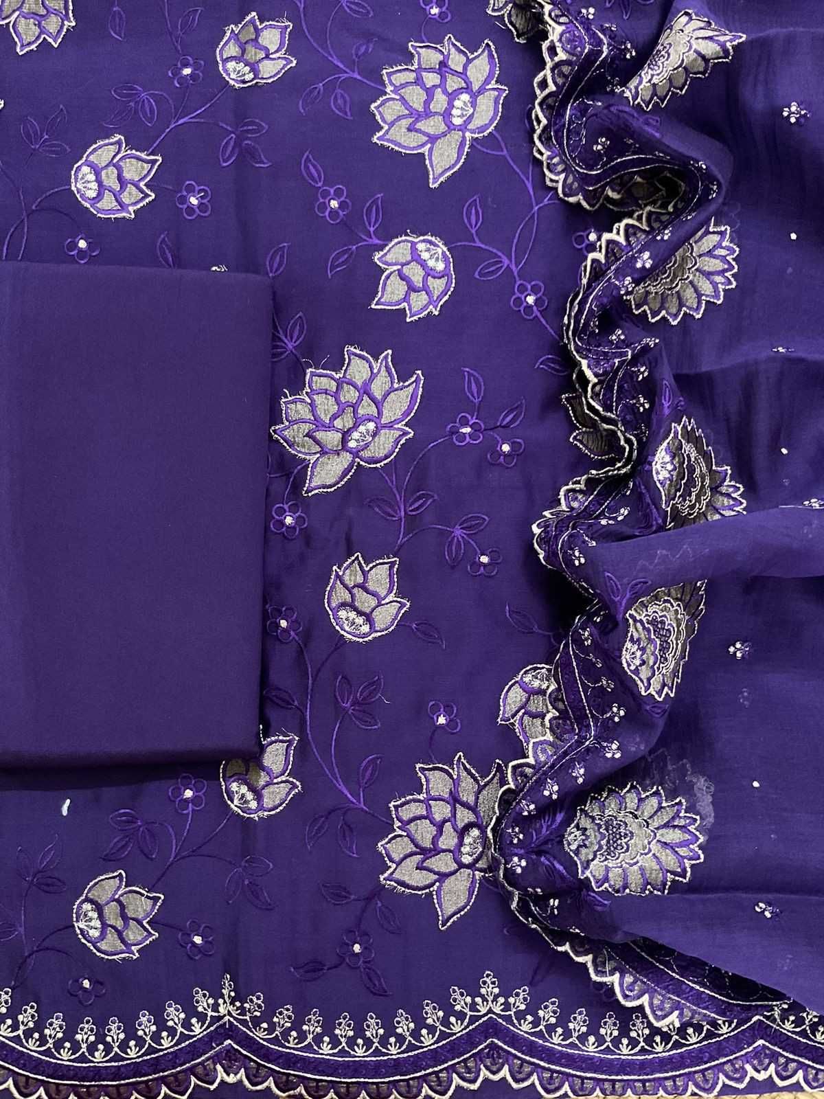 Pure Mul Chanderi Embroidered Suit - Violet