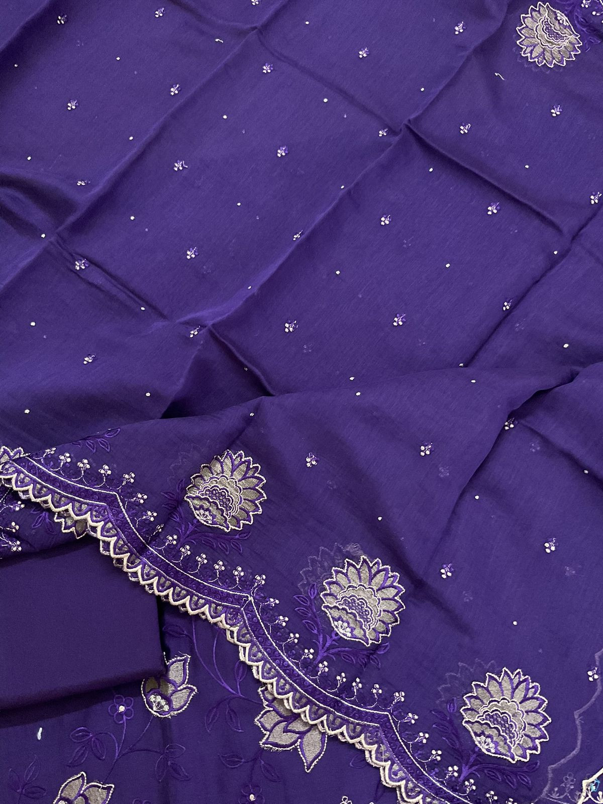 Pure Mul Chanderi Embroidered Suit - Violet