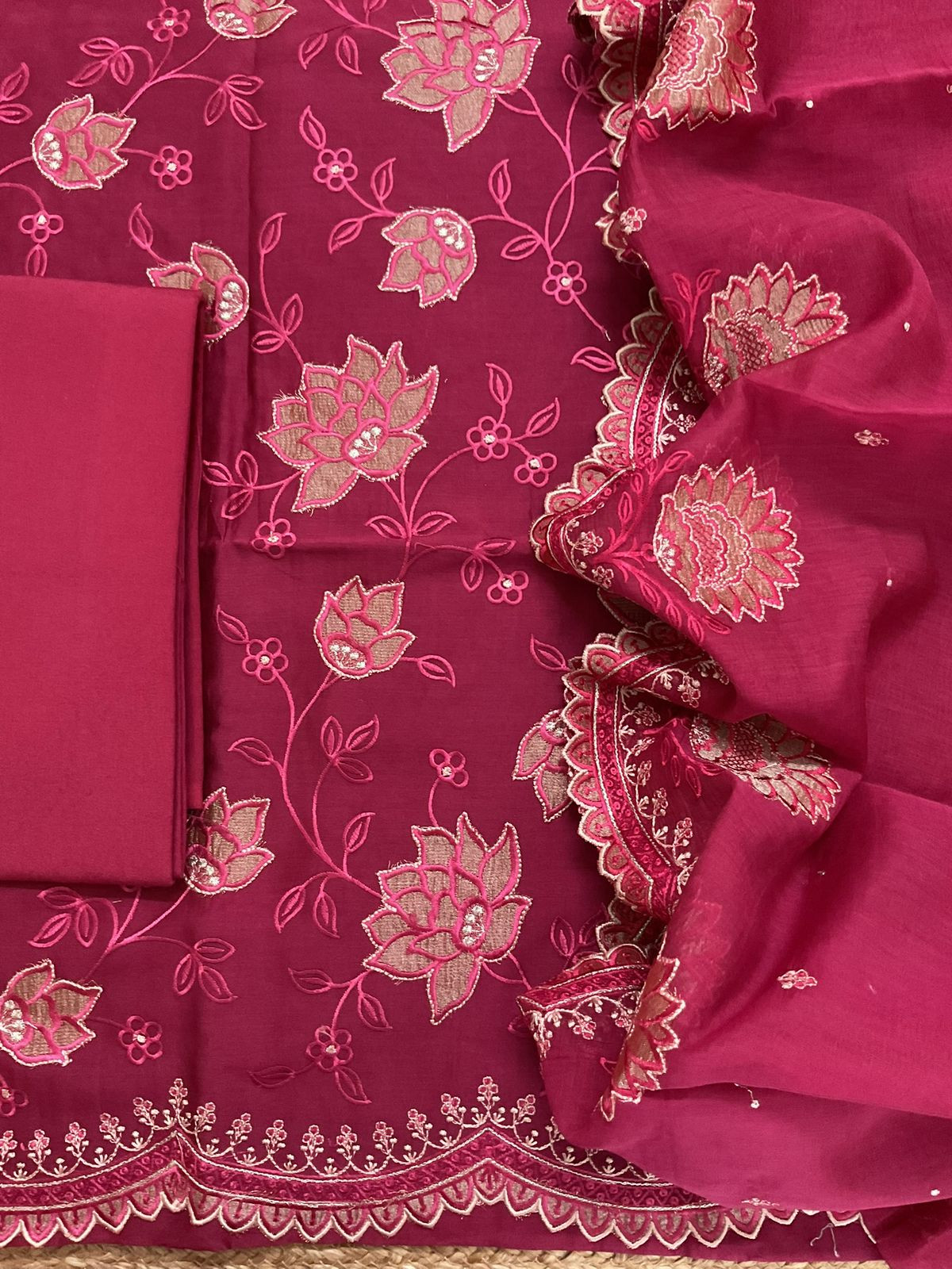 Pure Mul Chanderi Embroidered Suit - Maroonish Pink