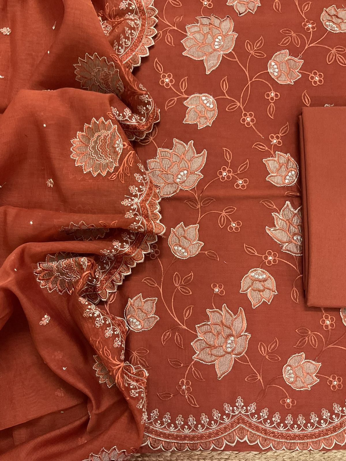 Pure Mul Chanderi Embroidered Suit - Orange