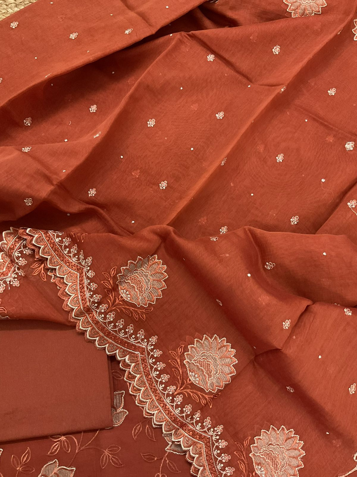 Pure Mul Chanderi Embroidered Suit - Orange