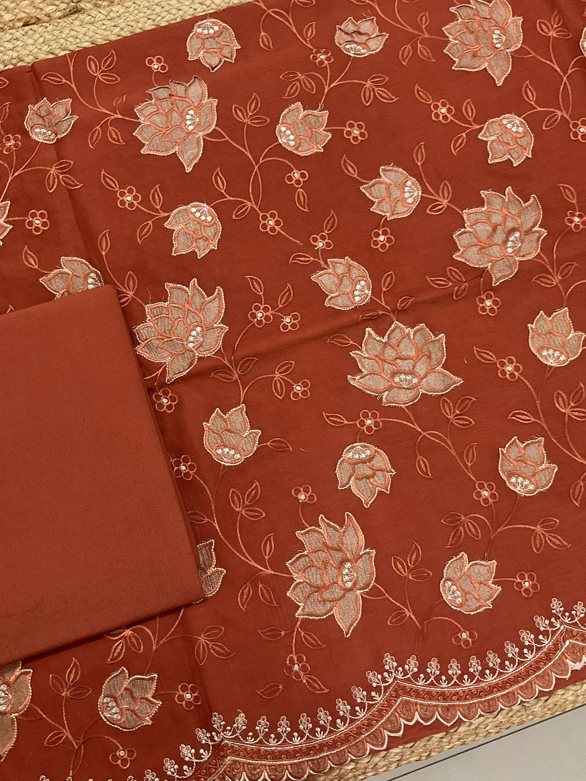 Pure Mul Chanderi Embroidered Suit - Orange