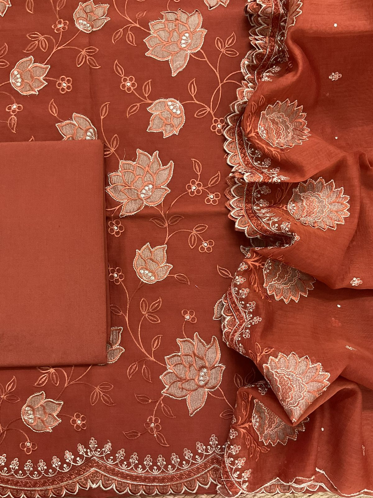 Pure Mul Chanderi Embroidered Suit - Orange